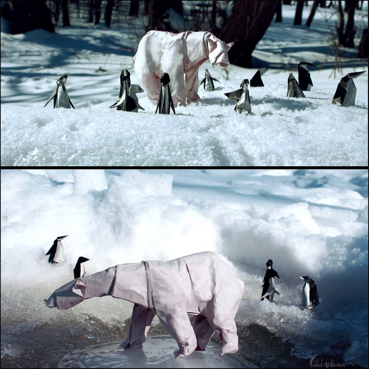Papercraft Polar Bear and Penguins in the Wild